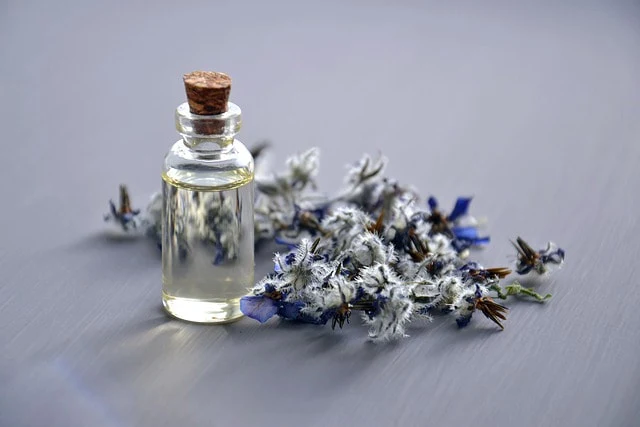 Flacon d’huile et fleurs de lavande